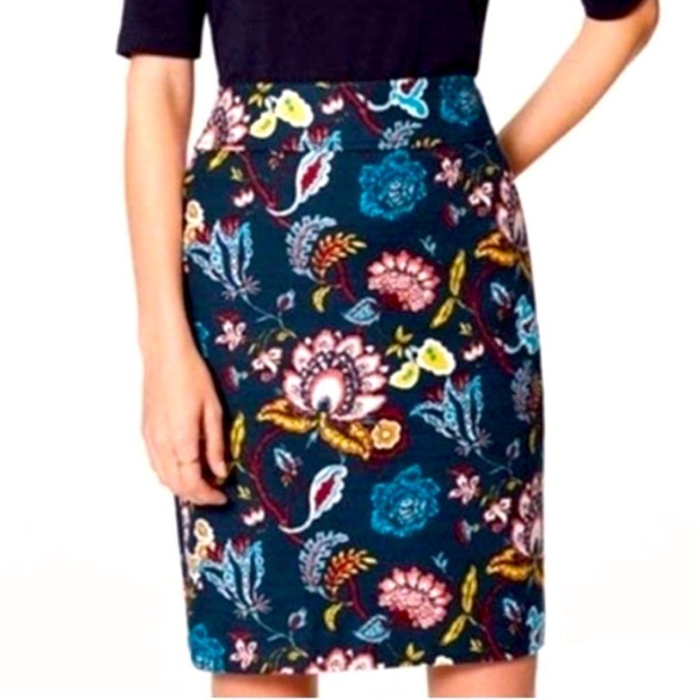 Loft Ann Taylor Floral Pencil Skirt Lined Women's Size 4 Teal Green Side‎ Zip